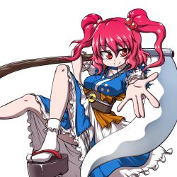Rule 34 | 1girl, breasts, coin, collarbone, dress, hanya (hanya yashiki), knee up, layered dress, looking at viewer, obi, onozuka komachi, outstretched hand, platform clogs, reclining, red eyes, red hair, sandals, sash, scythe, short hair, short sleeves, simple background, smile, solo, tabi, touhou, twintails, two side up, white background