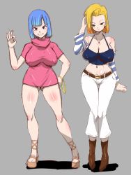 Rule 34 | 2girls, android 18, bare shoulders, blonde hair, blue eyes, blue hair, bottomless, bulma, curvy, detached sleeves, dragon ball, dragonball z, earrings, green eyes, grin, jewelry, midriff, multiple girls, navel, necklace, rickert kai, sketch, smile, standing, thighs, wide hips