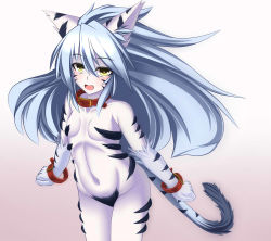 Rule 34 | 1girl, animal ears, blue hair, blush, borrowed character, collar, flat chest, fuurin rei, long hair, meian, myouan, nude, open mouth, original, smile, solo, tail, very long hair, yellow eyes