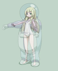 Rule 34 | 1girl, blonde hair, blunt bangs, bodysuit, braid, creatures (company), diving suit, full body, game freak, green background, green eyes, lillie (pokemon), long hair, looking at viewer, nintendo, old school swimsuit, one-piece swimsuit, pokemon, pokemon (anime), pokemon sm (anime), rohitsuka, school swimsuit, see-through, simple background, smile, solo, swimsuit, swimsuit under clothes, twin braids, white one-piece swimsuit, white school swimsuit, x-ray