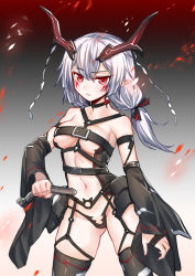 Rule 34 | 1girl, absurdres, abyssal ship, belt, belt bra, between breasts, black panties, black thighhighs, breasts, closed mouth, dark persona, detached sleeves, fang, fang out, garter straps, headgear, highres, long hair, looking at viewer, low twintails, medium breasts, no pussy, onceskylark, panties, red eyes, revealing clothes, silver hair, solo, taihou (warship girls r), thighhighs, twintails, underwear, warship girls r, wide sleeves