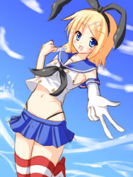 Rule 34 | 1girl, akarin, akarin (sakuraakarin), black panties, blue sky, blush, cosplay, crossover, female focus, gloves, hair ornament, hairclip, highleg, highleg panties, kagamine rin, kantai collection, looking at viewer, midriff, navel, open mouth, outstretched arm, panties, shimakaze (kancolle), shimakaze (kancolle) (cosplay), skirt, sky, socks, solo, striped clothes, striped socks, striped thighhighs, thighhighs, underwear, vocaloid