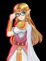 Rule 34 | &gt;:), 1girl, adjusting eyewear, aqua eyes, armor, bad id, bad pixiv id, bead necklace, beads, belt, bespectacled, black-framed eyewear, black background, blonde hair, bracer, cape, circlet, closed mouth, cowboy shot, dress, earrings, from side, glasses, hand up, jewelry, long hair, looking at viewer, looking to the side, necklace, nemunemu semi, nintendo, parted bangs, pauldrons, persona, pink lips, pointy ears, princess zelda, shoulder armor, sidelocks, simple background, smile, solo, super smash bros., tabard, the legend of zelda, the legend of zelda: a link between worlds, the legend of zelda: a link to the past, triforce, v-shaped eyebrows, white cape, white dress
