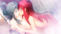 Rule 34 | 2girls, arm grab, bathroom, blue eyes, blush, breast press, breasts, collarbone, completely nude, floating hair, french kiss, game cg, gijou mitsumi, grey eyes, grey hair, hair intakes, headgear, indoors, kibanohara ethica, kiss, large breasts, leaning forward, long hair, multiple girls, nipples, nude, official art, oosaki shin&#039;ya, open mouth, red hair, showering, tokyo necro, tongue, tongue out, very long hair, yuri