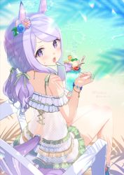 Rule 34 | 1girl, animal ears, bare shoulders, beach, bikini, blue flower, blue rose, blush, bow, chair, closed mouth, cup, dated, day, drink, feet out of frame, flower, food, green bikini, green bow, hair bow, hair flower, hair ornament, holding, holding cup, holding spoon, horse ears, horse girl, horse tail, koruri, light purple hair, long hair, low twintails, mejiro mcqueen (ripple fairlady) (umamusume), mejiro mcqueen (umamusume), ocean, open mouth, outdoors, pink flower, purple eyes, purple hair, rose, sand, see-through, sitting, solo, sparkle, spoon, striped, striped bow, swept bangs, swimsuit, tail, tongue, tongue out, tropical drink, twintails, twitter username, umamusume, water, white bikini