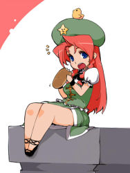 Rule 34 | 1girl, animal, animal on head, bad id, bad pixiv id, bird, bird on head, blue eyes, bread, china dress, chinese clothes, dameyo, dress, eating, female focus, food, hat, hong meiling, long hair, on head, red hair, sitting, solo, embodiment of scarlet devil, touhou