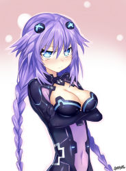 Rule 34 | 10s, 1girl, bad id, bad pixiv id, blue eyes, blush, braid, breasts, cleavage, cleavage cutout, clothing cutout, covered navel, crossed arms, ddg160, female focus, hair ornament, highres, long hair, looking at viewer, neptune (neptunia), neptune (series), purple hair, purple heart (neptunia), solo, symbol-shaped pupils, twin braids