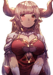 Rule 34 | 10s, 1girl, :o, alicia (granblue fantasy), bad id, bad pixiv id, blunt bangs, breasts, cleavage cutout, clothing cutout, cross, cross earrings, draph, dress, earrings, eyebrows, gloves, granblue fantasy, highres, horns, jewelry, large breasts, long hair, looking at viewer, pointy ears, puffy short sleeves, puffy sleeves, red eyes, short sleeves, silver hair, simple background, solo, uguisu (pix-pix), underboob, underboob cutout, upper body, v arms, white background, white gloves
