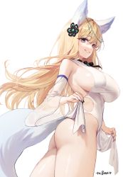 Rule 34 | 1girl, absurdres, animal ears, ass, bare shoulders, black nails, blonde hair, breasts, commission, covered navel, cowboy shot, detached sleeves, eungae, eyebrows hidden by hair, from below, grey eyes, hair ornament, highres, impossible clothes, large breasts, leotard, lifted by self, long hair, looking at viewer, maplestory, nail polish, original, parted lips, pepperdevil, pink lips, second-party source, shiny skin, sideboob, solo, tail, thighs, twisted torso, white leotard, wide sleeves