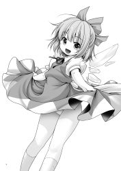 Rule 34 | 1girl, absurdres, bare legs, bow, cirno, clothes lift, dress, dress lift, greyscale, hair bow, highres, ice, ice wings, kneehighs, lifting own clothes, looking at viewer, monochrome, open mouth, panties, pantyshot, puffy short sleeves, puffy sleeves, ribbon, short hair, short sleeves, simple background, smile, socks, solo, standing, tomoki tomonori, touhou, underwear, wings