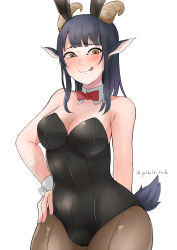 Rule 34 | 1girl, :p, absurdres, animal ears, bare shoulders, black hair, blush, bow, bowtie, breasts, brown eyes, rabbit ears, playboy bunny, cleavage, detached collar, fake animal ears, goat ears, goat horns, goat tail, highres, leotard, looking at viewer, maton (post it rock), medium breasts, original, simple background, smile, solo, strapless, strapless leotard, tongue, tongue out, twitter username, white background