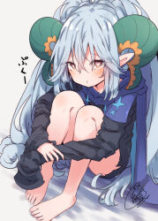 Rule 34 | 1girl, :t, barefoot, beni shake, black dress, blue scarf, blush, brown eyes, closed mouth, commentary request, dress, fate/grand order, fate (series), grey background, grey hair, hair between eyes, horns, hugging own legs, knees up, larva tiamat (fate), larva tiamat (second ascension) (fate), long sleeves, looking at viewer, pout, scarf, signature, sitting, sleeves past fingers, sleeves past wrists, solo, symbol-shaped pupils, tiamat (fate), translation request