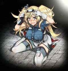 Rule 34 | 1girl, belt, belt buckle, black thighhighs, blonde hair, blue eyes, blue shirt, boots, breast pocket, breasts, buckle, buttons, collared shirt, covering head, crying, crying with eyes open, dongsa wonhyong, dress shirt, eyebrows, gambier bay (kancolle), gloves, hair between eyes, hairband, hand on own head, kantai collection, large breasts, long hair, open mouth, platform footwear, pocket, scared, shirt, shorts, sitting, solo, spread legs, tears, teeth, thigh boots, thighhighs, tongue, twintails, wariza, white footwear, white gloves, zettai ryouiki