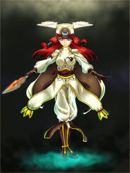 Rule 34 | 1girl, arc system works, blazblue, blazblue: continuum shift, blue eyes, boots, cape, dagger, female focus, full body, gloves, gradient background, hat, knife, long hair, military, military uniform, puem, red hair, solo, tsubaki yayoi, uniform, weapon