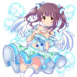 Rule 34 | 10s, 1girl, angel wings, bad id, bad pixiv id, bare shoulders, bow, bracelet, brown eyes, brown hair, clover, criss-cross halter, four-leaf clover, geru (alpha discotica), hair bow, halterneck, hands on own chest, idolmaster, idolmaster cinderella girls, jewelry, leaf print, md5 mismatch, navel, ogata chieri, skirt, smile, solo, thighhighs, twintails, white thighhighs, wings