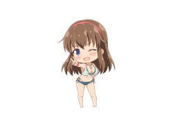 Rule 34 | 1girl, absurdres, artist request, bare shoulders, barefoot, bikini, bikini under clothes, blue eyes, blush, breasts, chibi, cleavage, dead or alive, dead or alive xtreme, full body, hairband, hand on own hip, highres, hitomi (doa), jewelry, light brown hair, long hair, looking at viewer, medium breasts, navel, necklace, official art, one eye closed, open mouth, short shorts, shorts, simple background, smile, solo, standing, swimsuit, v, white background