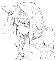 Rule 34 | 1girl, animal ears, animal nose, blush, breasts, cigarette, expressionless, female focus, fox ears, fox girl, furry, furry female, greyscale, haioku colonel, half-closed eyes, highres, long hair, monochrome, mouth hold, off shoulder, original, shirt, short sleeves, sidelocks, simple background, single bare shoulder, sketch, small breasts, smoke, smoking, snout, solo, upper body, white background
