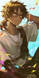 Rule 34 | 1boy, absurdres, arknights, bag, black hair, black shorts, bracelet, closed mouth, commentary, dark-skinned male, dark skin, hand on own head, highres, ice s s z, jewelry, korean commentary, male focus, necklace, orange eyes, ponytail, revision, shirt, shorts, signature, simple background, solo, thorns (arknights), thorns (comodo) (arknights), white shirt