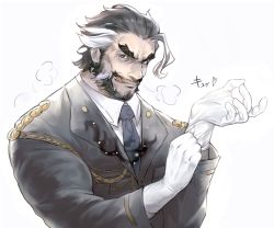 Rule 34 | 1boy, :q, ahoge, bara, daikoku (housamo), facial hair, forked eyebrows, gloves, grey eyes, highres, isuke, licking lips, long sleeves, looking at viewer, male focus, multicolored hair, mustache, necktie, sideburns, simple background, solo, thick eyebrows, tokyo houkago summoners, tongue, tongue out, two-tone hair, uniform, upper body, white background, white gloves