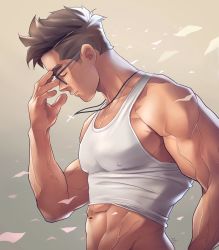 Rule 34 | 1boy, abs, adjusting eyewear, bara, brown hair, covered erect nipples, cross, cross necklace, closed eyes, falling petals, glasses, highres, jewelry, large pectorals, male focus, muscular, muscular male, navel, necklace, nerdyart1, nipples, original, parted lips, pectorals, petals, short hair, simple background, solo, tank top, taut clothes, thick eyebrows, upper body, veins, veiny arms, white tank top