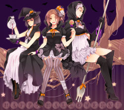 Rule 34 | 3girls, ahoge, alternate costume, alternate hair color, alternate hairstyle, arm up, axis powers hetalia, bandages, bat (animal), black eyes, black hair, black socks, blonde hair, blue eyes, blunt bangs, blush, boots, bow, branch, brown eyes, brown hair, candy, cloak, cross-laced footwear, cup, dress, elbow gloves, english text, food, food-themed hair ornament, footwear ribbon, frilled dress, frilled skirt, frills, genderswap, genderswap (mtf), germany (hetalia), gloves, hair bow, hair intakes, hair ornament, halloween, happy, happy halloween, hat, hat ribbon, high heels, hood, japan (hetalia), kneehighs, knees together feet apart, leg wrap, lips, lipstick, lollipop, long dress, long skirt, looking at viewer, makeup, miniskirt, multiple girls, northern italy (hetalia), nwtm, open mouth, outline, pantyhose, parted bangs, ponytail, pouring, puffy sleeves, pumpkin, pumpkin hair ornament, ribbon, saucer, shaded face, shoes, short hair, short sleeves, side ponytail, silhouette, sitting, skirt, sleeveless, socks, spork, star (symbol), striped clothes, striped legwear, striped pantyhose, swirl lollipop, tea, teacup, teapot, teeth, text focus, thigh boots, thighhighs, vertical-striped clothes, vertical-striped legwear, vertical-striped pantyhose, wavy hair, witch, witch hat, wristband, zettai ryouiki