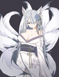 1girl :/ absurdres ak-15_(girls&#039;_frontline) alternate_costume animal_ear_fluff animal_ears bare_shoulders blue_flower breasts cleavage closed_mouth collarbone defy_(girls&#039;_frontline) extra_ears flower fox_ears fox_girl fox_tail girls&#039;_frontline grey_background hair_flower hair_jewelry hair_ornament highres japanese_clothes kimono kitsune kyuubi large_breasts large_tail long_hair looking_at_viewer multiple_tails signature simple_background solo tail thighs two-tone_tail upper_body white_hair white_kimono white_tail yuiitxu