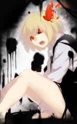 Rule 34 | 1girl, :o, arms between legs, bare legs, between legs, black sclera, black skirt, black vest, blonde hair, collared shirt, colored sclera, commentary request, darkness, from side, hair ribbon, hand between legs, highres, knees up, leaning forward, long sleeves, looking at viewer, looking to the side, open mouth, red eyes, ribbon, rumia, shirt, short hair, sitting, skirt, skirt set, solo, splatter, teeth, terimayo, tongue, touhou, vest, white shirt, wing collar