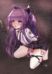 Rule 34 | 1girl, azur lane, black shorts, blue eyes, blush, bound, bound arms, breasts, chain, collar, habu rin, hair ribbon, highres, long hair, looking at viewer, open mouth, ponytail, purple hair, restrained, ribbon, shirt, short shorts, shorts, sitting, small breasts, solo, suspender shorts, suspenders, tashkent (azur lane), tashkent (the bound cruiser) (azur lane), thighhighs, white shirt, white thighhighs