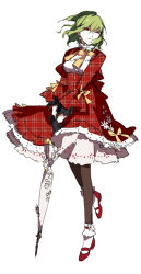 Rule 34 | 1girl, adapted costume, black gloves, black pantyhose, bow, choker, cropped jacket, daisy, earrings, flower, full body, gloves, green hair, high-waist skirt, holding, jewelry, kazami yuuka, looking at viewer, mary janes, neck ribbon, pantyhose, parasol, plaid, plaid skirt, red eyes, red footwear, ribbon, shoes, short hair, short ponytail, simple background, skirt, socks, socks over pantyhose, solo, standing, standing on one leg, starshadowmagician, touhou, umbrella, wavy hair, white background