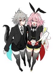 Rule 34 | 2boys, absurdres, androgynous, animal ears, astolfo (fate), astolfo (saber) (fate), black bow, black bowtie, black gloves, black jacket, black pants, black thighhighs, black vest, bow, bowtie, closed mouth, fake animal ears, fang, fate/apocrypha, fate/grand order, fate (series), full body, gloves, gold trim, grey thighhighs, hair between eyes, hair bow, hair intakes, haoro, highres, jacket, long hair, male focus, midriff, multicolored hair, multiple boys, navel, one eye closed, open mouth, orange eyes, pants, pink hair, purple eyes, rabbit ears, red eyes, short hair, sieg (fate), simple background, skin fang, smile, standing, streaked hair, thighhighs, trap, twintails, two-tone hair, very long hair, vest, white background, white hair, wide sleeves, wing collar