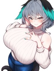 Rule 34 | 1girl, absurdres, aqua nails, arknights, blue pants, blush, breasts, bright pupils, commission, detached sleeves, green eyes, grey hair, hair between eyes, hand on own chest, head wings, highres, ho&#039;olheyak (arknights), huge breasts, jewelry, long hair, looking at viewer, nail polish, pants, pixiv commission, ribbed sleeves, ribbed sweater, rikuguma, ring, simple background, smile, snake tail, solo, sweater, sweater tucked in, tail, turtleneck, turtleneck sweater, white background, white pupils, white sleeves, white sweater, wings
