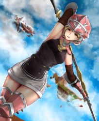 Rule 34 | 1girl, arm behind head, arm up, armored boots, armpits, blonde hair, blue sky, boots, braco, breasts, brown eyes, cloud, cloudy sky, day, djeeta (granblue fantasy), dutch angle, floating island, gauntlets, granblue fantasy, helmet, highres, lancer (granblue fantasy), looking at viewer, medium breasts, open mouth, polearm, short hair, sky, smile, solo, spear, thighhighs, weapon, zettai ryouiki