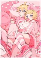 Rule 34 | 1boy, 1girl, :t, absurdres, ahoge, arm around shoulder, bed sheet, blonde hair, blue eyes, bow, character name, double vertical stripe, doughnut, earphones, eating, food, foreshortening, hair between eyes, hair bow, hair ornament, hairclip, highres, holding, holding doughnut, holding food, holding phone, hug, hugging object, in cell, kagamine len, kagamine rin, kneehighs, looking at object, looking at phone, lying, on back, on side, pants, phone, pillow, pillow hug, pink bow, pink footwear, pink pants, pink pillow, pink polka dots, pink pupils, pink shorts, pink socks, pink sweater, pink theme, plaid pillow, polka dot, sazanami (ripple1996), shared earphones, shoes, short hair, shorts, sneakers, socks, spiked hair, striped clothes, striped socks, sweater, swept bangs, vocaloid