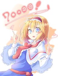 Rule 34 | 1girl, absurdres, alice margatroid, blonde hair, blue eyes, blush, capelet, commentary request, dondyuruma, hair between eyes, hairband, hand up, highres, index finger raised, long sleeves, looking at viewer, multicolored background, open mouth, short hair, solo, touhou, two-tone background, upper body