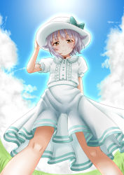Rule 34 | 10s, 1girl, bow, brown eyes, center frills, cloud, cloudy sky, day, dress, frills, glowing, grass, hair flaps, hand on headwear, hat, hat bow, highres, idolmaster, idolmaster cinderella girls, koshimizu sachiko, looking at viewer, looking down, purple hair, regular mow, short hair, silhouette, sky, smile, solo, sundress, white dress, white hat