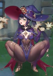 Rule 34 | 1girl, absurdres, black gloves, black pantyhose, breasts, commentary request, detached sleeves, earrings, genshin impact, gloves, grass, green eyes, hair between eyes, hat, high heels, highres, holding, holding mushroom, jewelry, karmiel, leotard, long hair, medium breasts, mona (genshin impact), mushroom, open mouth, outdoors, pantyhose, purple hair, purple hat, sidelocks, solo, squatting, thighs, tongue, tongue out, twintails, very long hair, witch hat