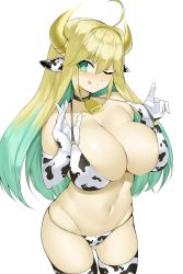 Rule 34 | 1girl, ;p, ahoge, animal ears, animal print, bell, bikini, blonde hair, breasts, choker, colored inner hair, cow ears, cow girl, cow print, elf, elven forest maker, flower-shaped pupils, goma., green eyes, green hair, highres, horns, large breasts, last origin, long hair, looking at viewer, multicolored hair, navel, neck bell, one eye closed, pointy ears, print thighhighs, solo, strap pull, swimsuit, symbol-shaped pupils, thighhighs, tongue, tongue out, two-tone hair