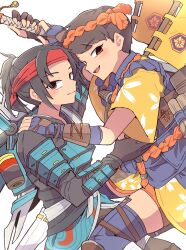 Rule 34 | 2girls, animification, apex legends, armor, banner, battle standard, bell, black gloves, black shirt, blue gloves, blue thighhighs, breastplate, cloud marauder valkyrie, dual persona, fingerless gloves, flag, gloves, hand on another&#039;s shoulder, hand on another&#039;s waist, highres, holding, holding polearm, holding weapon, japanese armor, japanese clothes, kimono, looking at viewer, multiple girls, nojima minami, official alternate costume, omatsuri fury valkyrie, polearm, shirt, short sleeves, shoulder armor, skindentation, smile, sode, suzaku (apex legends), thighhighs, valkyrie (apex legends), war banner, weapon, white background, yellow kimono
