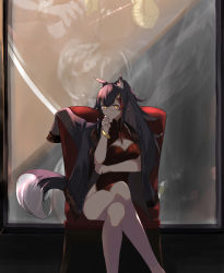 Rule 34 | 1girl, animal ear fluff, animal ears, black hair, breasts, chair, china dress, chinese clothes, cleavage cutout, clothing cutout, collar, dress, glasses, hair ornament, hairclip, hatotaurus (ookami mio), highres, hololive, jacket, jewelry, karasuri, long hair, looking at viewer, multicolored hair, ookami mio, sitting, sleeveless, smile, solo, streaked hair, tail, very long hair, virtual youtuber, wolf ears, wolf girl, wolf tail, yellow eyes
