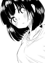 Rule 34 | 1girl, bob cut, collarbone, expressionless, greyscale, head tilt, highres, looking at viewer, monochrome, no nose, original, shirt, short hair, simple background, smison, solo, upper body