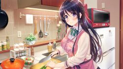 Rule 34 | 1girl, :&gt;, apron, blush, bow, bowtie, breasts, closed mouth, cooking, cutting board, female focus, food, game cg, highres, indoors, kitchen, knife, large breasts, long hair, looking at viewer, matching hair/eyes, matoi ayame, microwave, original, purple eyes, purple hair, refrigerator, school uniform, sleeves rolled up, smile, solo, spatula, standing, uchi no kanojo, upper body, yamakaze ran