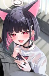 Rule 34 | 1girl, animal ears, animal print, black choker, black hair, black mask, black wristband, blue archive, blush, cat ears, cat print, choker, colored inner hair, commentary request, ear piercing, earrings, extra ears, fingernails, green pants, hair behind ear, hair ornament, hairclip, halo, highres, jewelry, katsushika pachi, kazusa (band) (blue archive), kazusa (blue archive), looking at viewer, mask, medium hair, mouth mask, multicolored hair, open mouth, pants, piercing, pink eyes, pink hair, pink halo, print shirt, ring, shirt, smile, solo focus, stud earrings, two-tone hair, wet, wet clothes, wet shirt, white shirt, wristband, yellow wristband