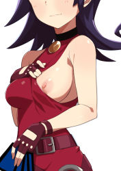 Rule 34 | 1girl, belt, black hair, blush, breasts, card, choker, duel masters, fingerless gloves, gloves, head out of frame, highres, holding, holding card, medium breasts, morisobo, nipples, no bra, one breast out, short hair, simple background, solo, tasogare mimi, white background