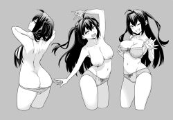 Rule 34 | 1girl, \m/, ahoge, arm up, ass, back, bare arms, bare shoulders, bow, bow panties, bra, breasts, butt crack, commentary request, cropped legs, fumitan (humitan), greyscale, grin, hair between eyes, highres, large breasts, long hair, looking at viewer, monochrome, multiple views, navel, nipples, one eye closed, open mouth, original, panties, panty pull, smile, topless, underwear, underwear only