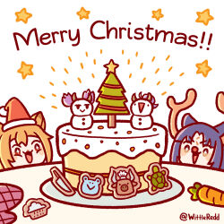 Rule 34 | 2girls, animal ears, antlers, arknights, black hair, brown hair, bull, cake, carrot, ceobe (arknights), chef hat, chibi, christmas tree, cloud, commentary, cookie, cosplay, dog ears, english commentary, facial mark, food, forehead mark, hat, hibiscus (arknights), highres, horns, knife, lava (arknights), long hair, merry christmas, multiple girls, oven mitts, plate, ponytail, purple hair, rain, reindeer antlers, rudolph the red nosed reindeer, rudolph the red nosed reindeer (cosplay), saga (arknights), santa hat, snowman, star (symbol), table, turtle, twintails, twitter username, white background, wittle red