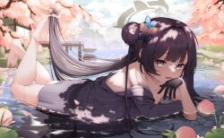 Rule 34 | 1girl, absurdres, barefoot, black gloves, black hair, blue archive, blush, boat, breasts, butterfly hair ornament, cherry blossoms, coat, collarbone, day, double bun, food, fruit, gloves, grey coat, grey eyes, grey halo, hair bun, hair ornament, halo, highres, kisaki (blue archive), kneepits, long hair, long sleeves, looking at viewer, lying, nalnari (wkdrn0624), on stomach, open mouth, outdoors, peach, small breasts, solo, striped clothes, striped coat, toes, twintails, vertical-striped clothes, vertical-striped coat, water, watercraft