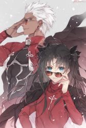 Rule 34 | 1boy, 1girl, archer (fate), black hair, black jacket, blue eyes, dark-skinned male, dark skin, fate/stay night, fate (series), grey background, grey eyes, h sueun, highres, jacket, jacket on shoulders, long hair, looking at viewer, profile, red sweater, smile, sunglasses, sweater, tohsaka rin, twitter username, two side up, upper body, white hair