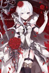 Rule 34 | 1girl, armor, armored dress, bad id, bad pixiv id, boots, cape, clothing cutout, elbow gloves, expressionless, flower, gloves, grey eyes, hair flower, hair ornament, highres, holding, holding scythe, hood, hood down, legband, looking at viewer, mi mu, navel cutout, petals, red flower, red rose, rose, scythe, sidelocks, sinoalice, snow white (sinoalice), solo, thigh boots, thighhighs, torn cape, torn clothes, veil, white gloves, white hair