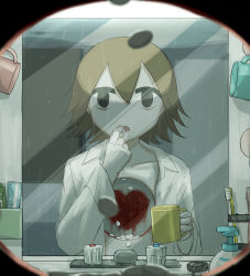 Rule 34 | 1boy, absurdres, avogado6, bathroom, black hair, blood, blood on clothes, commentary, cup, hair between eyes, heart, highres, hole in chest, hole on body, jitome, looking at mirror, male focus, mirror, mug, open mouth, original, pill, reflection, short hair, solo, toothpaste