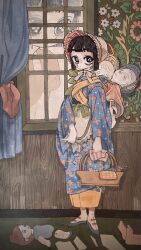 Rule 34 | 1other, 2girls, apron, baby carrier, basket, black eyes, black hair, blue kimono, blunt bangs, bonnet, boots, broken, commentary, curtains, doll, feet, floral print, full body, fuminooco, highres, holding, holding basket, indoors, japanese clothes, kimono, lolita fashion, long sleeves, looking at viewer, looking inside, multiple girls, original, print kimono, short hair, sidelocks, solo focus, standing, wa lolita, wallpaper (object), white apron, window